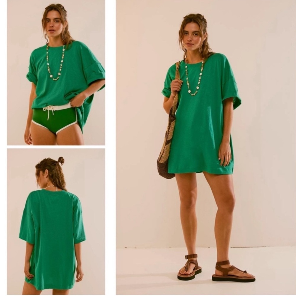 Free People Green Oversized Tunic Top Size M Boho Relaxed Fit Short Sleeve